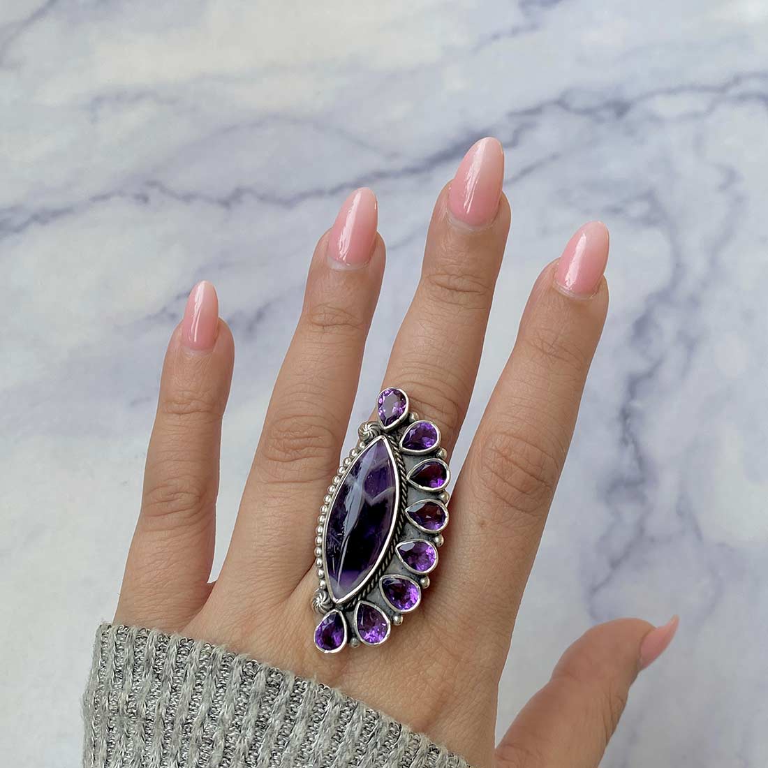 Amethyst Lace And Amethyst Flower Adjustable Ring-(ALA-CLS-5.)