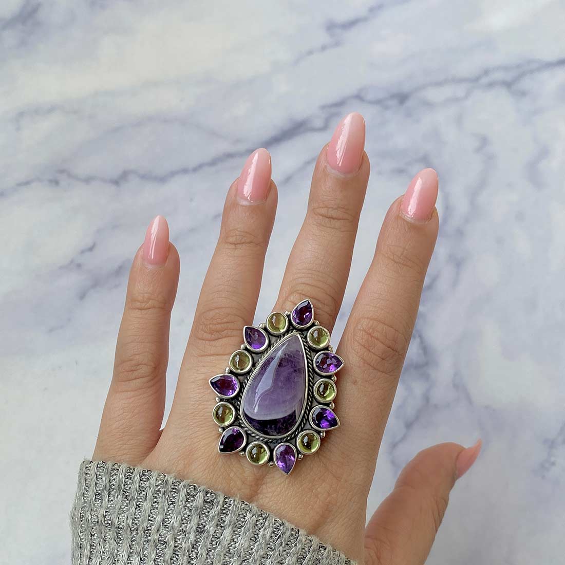 Amethyst Lace, Peridot And Amethyst Adjustable Ring-(ALA-FLR-3.)