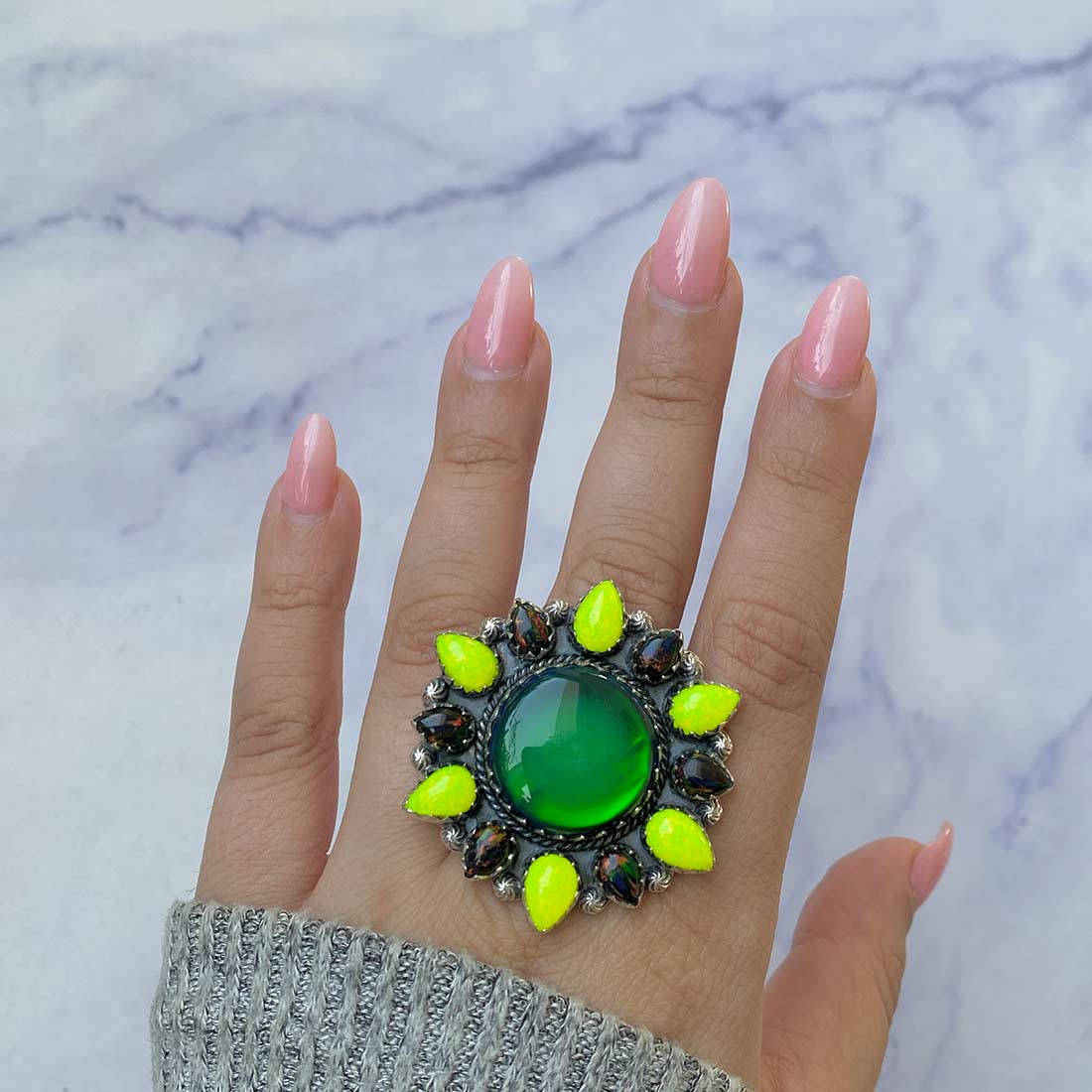 Aura Opal and Neon Opal Flower Adjustable Ring-(AOP-FLR-1.)