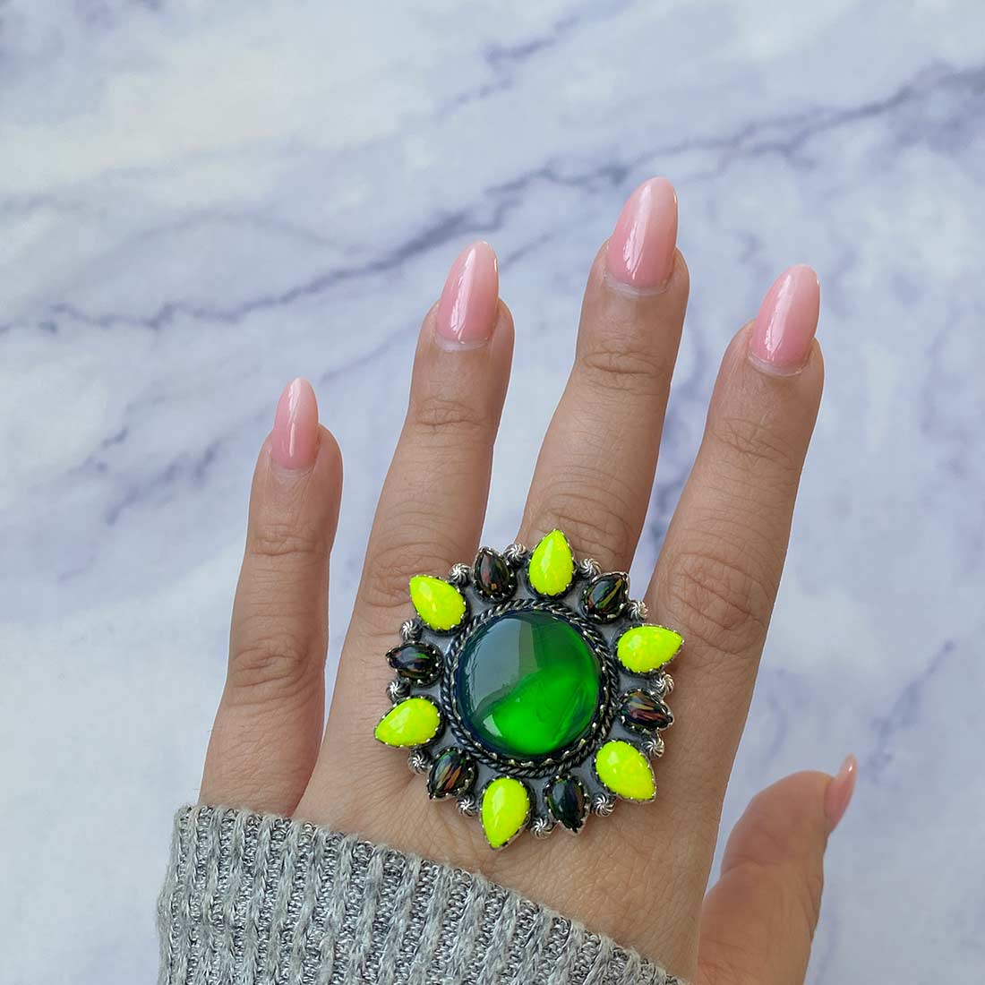 Aura Opal and Neon Opal Flower Adjustable Ring-(AOP-FLR-2.)