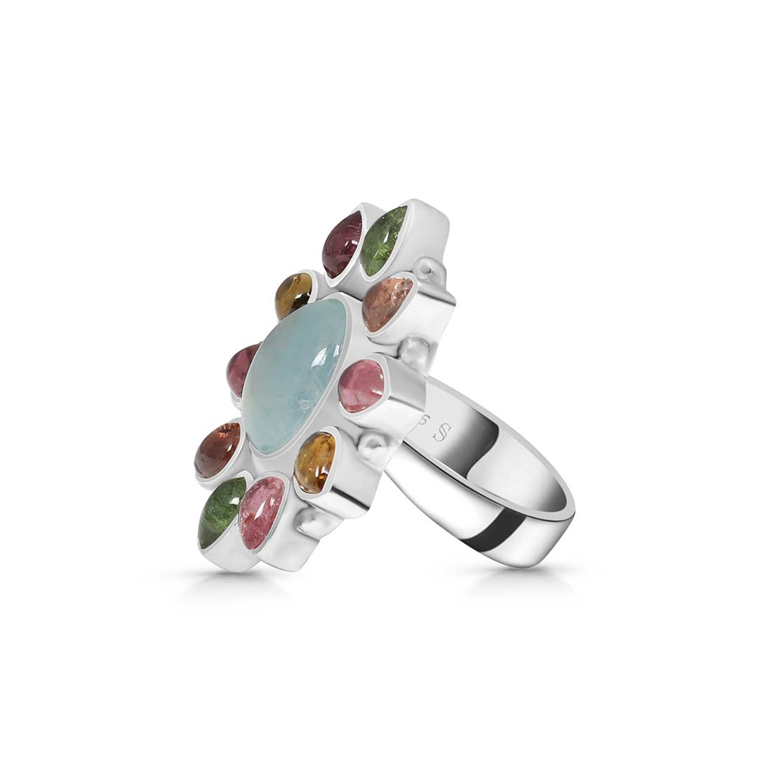 Aquamarine And Multi Tourmaline Flower Adjustable Ring-(AQM-FLR-3.)