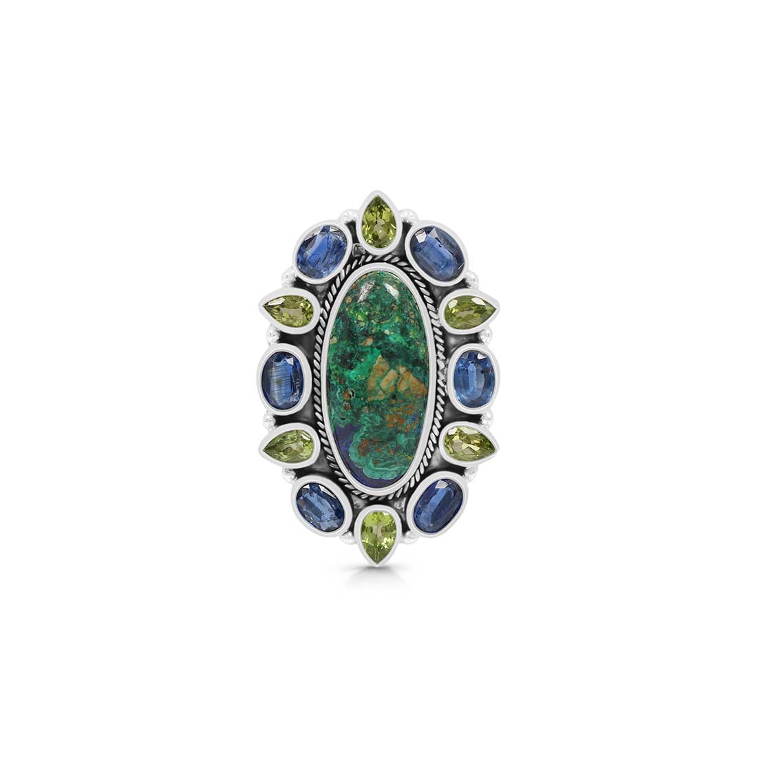 Azurite Malachite, Peridot And Kyanite Flower Adjustable Ring-(AZM-FLR-3.)