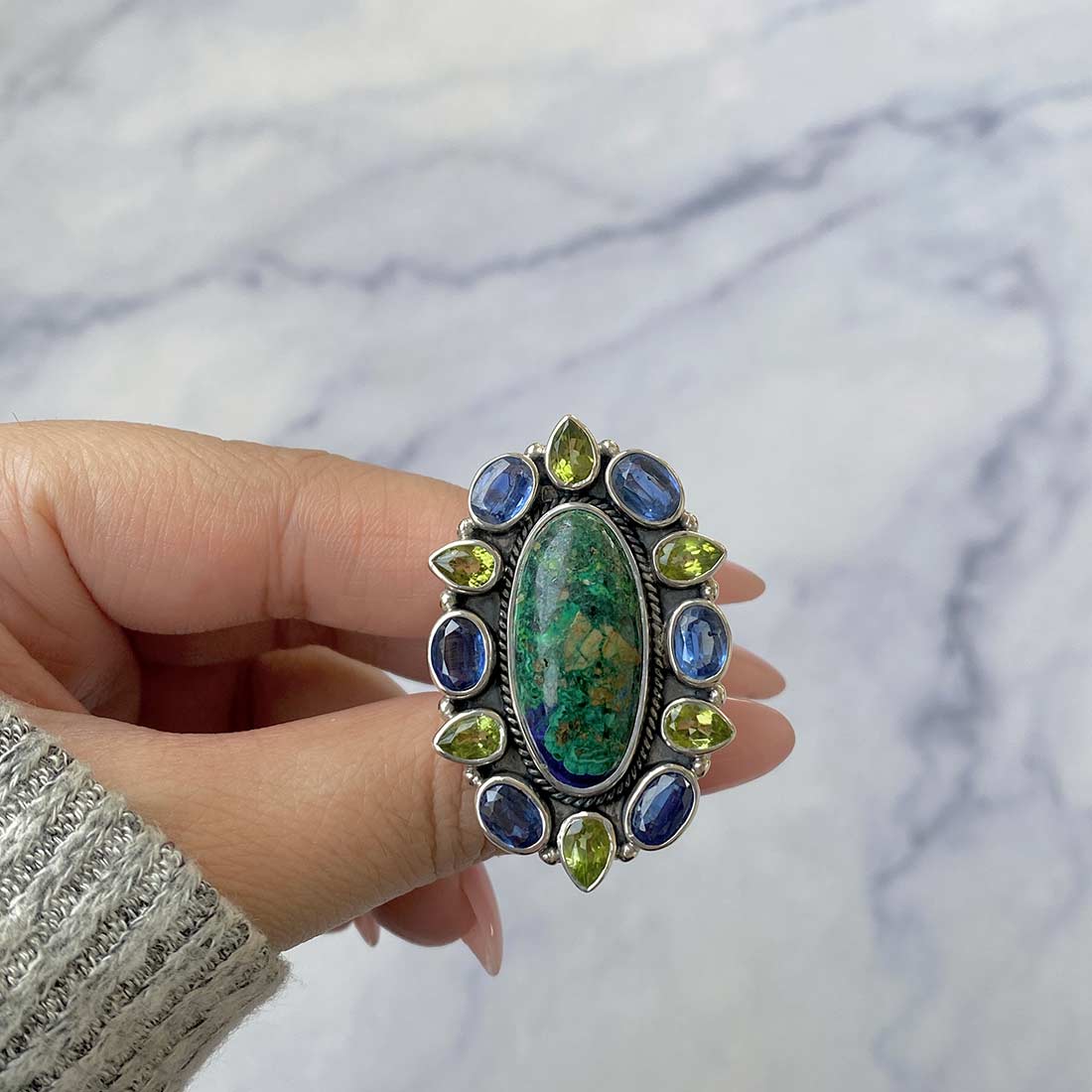 Azurite Malachite, Peridot And Kyanite Flower Adjustable Ring-(AZM-FLR-3.)