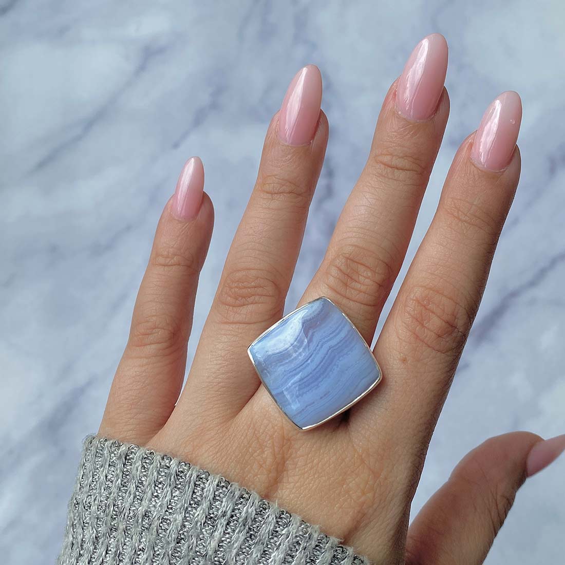 Blue Lace Agate Adjustable Ring-(BLA-R-12.)