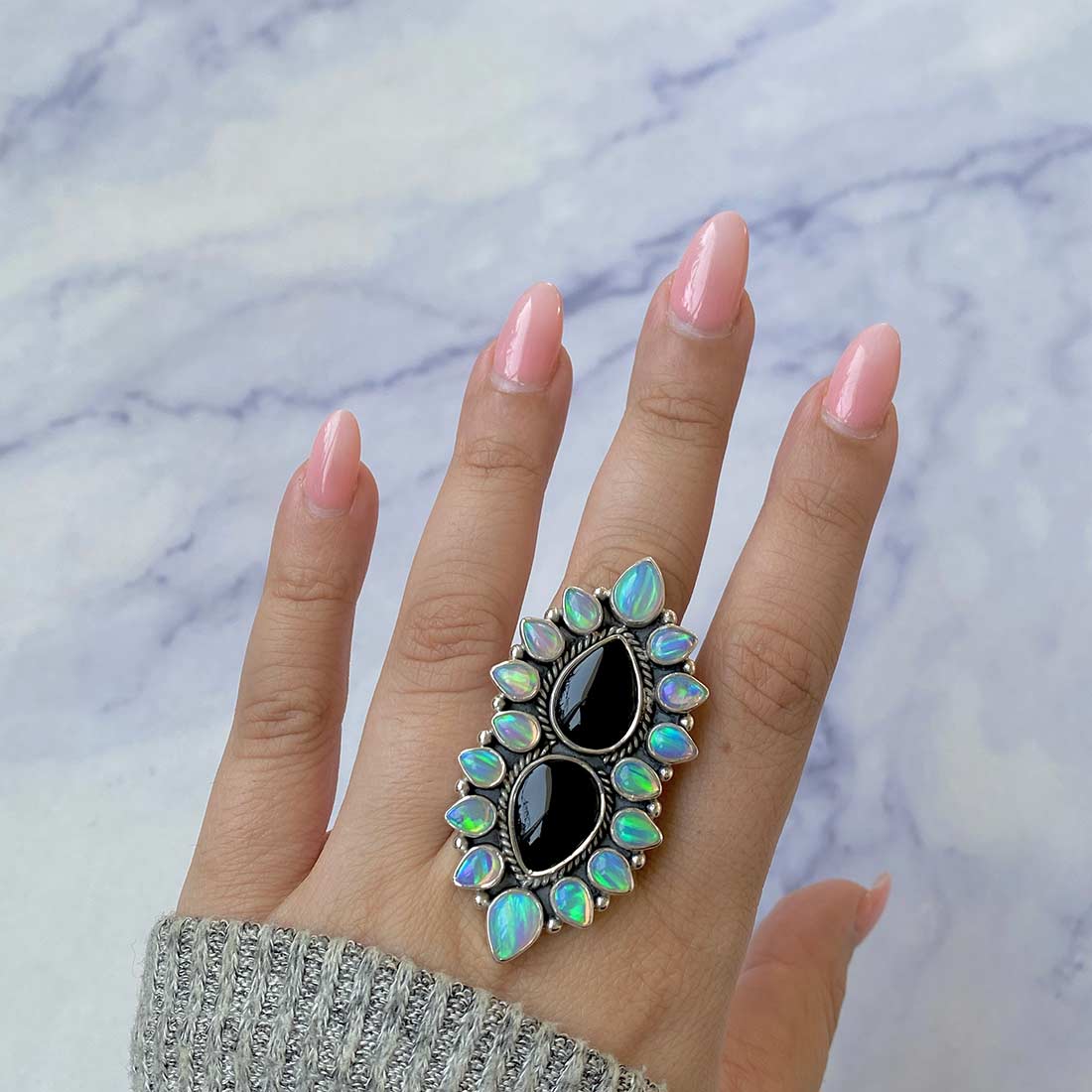 Black Onyx And Aura Opal Flower Adjustable Ring-(BOX-FLR-2.)