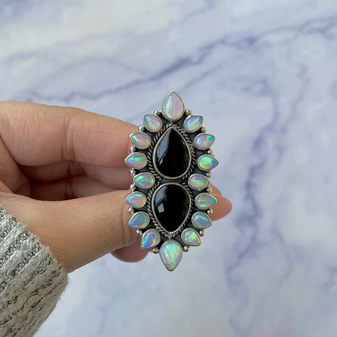 Black Onyx And Aura Opal Flower Adjustable Ring-(BOX-FLR-2.)