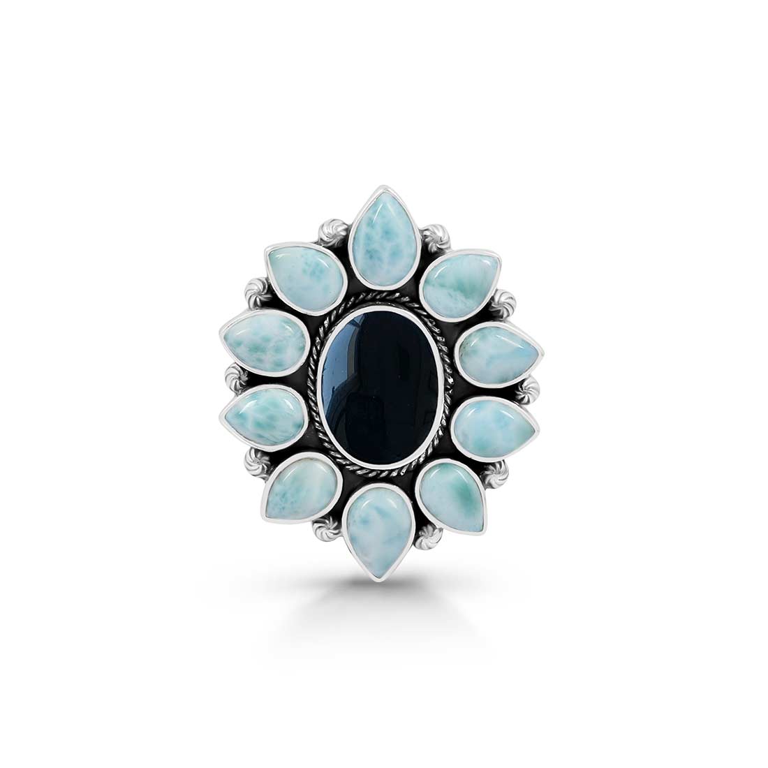 Black Onyx And Larimar Flower Adjustable Ring-(BOX-FLR-3.)