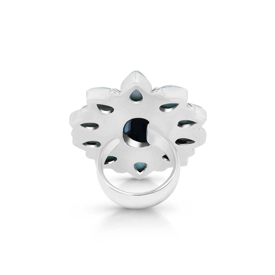 Black Onyx And Larimar Flower Adjustable Ring-(BOX-FLR-3.)