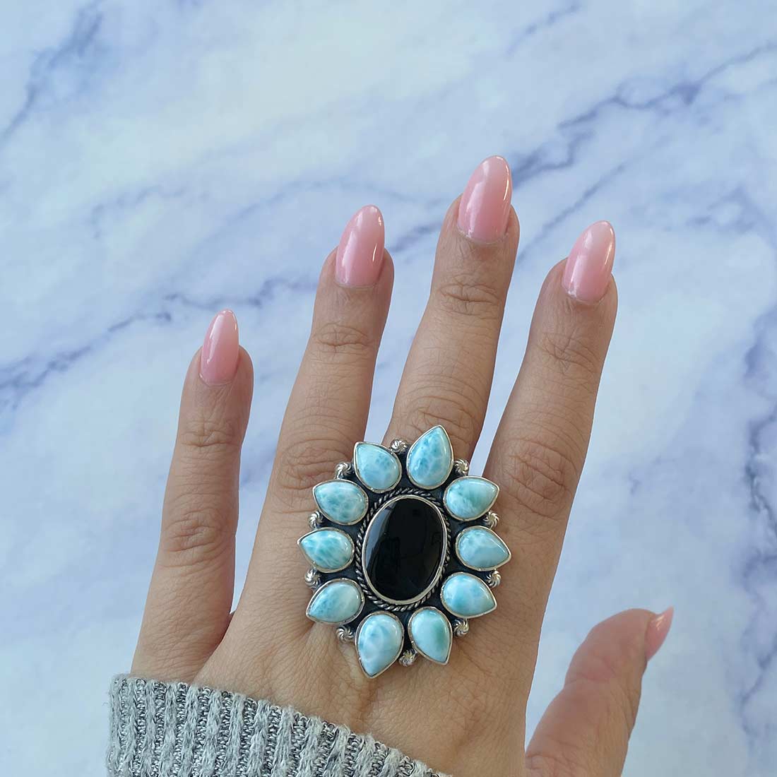 Black Onyx And Larimar Flower Adjustable Ring-(BOX-FLR-3.)