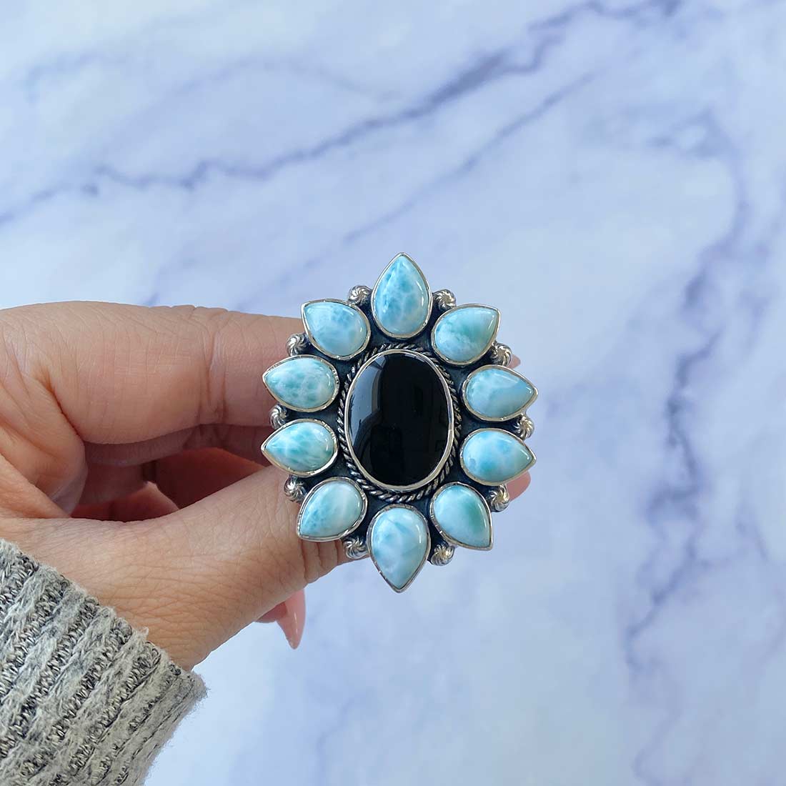 Black Onyx And Larimar Flower Adjustable Ring-(BOX-FLR-3.)