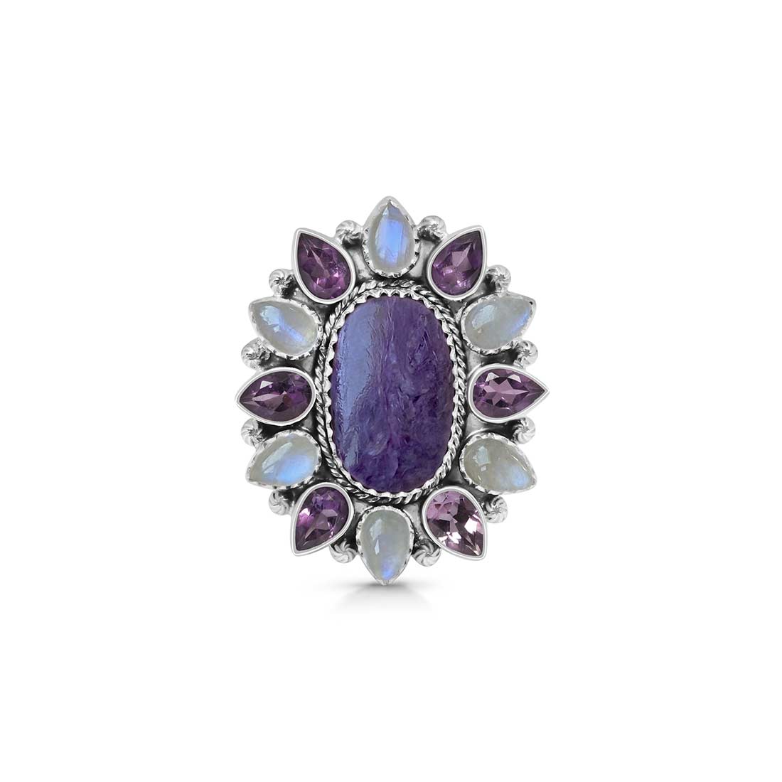 Charoite, Amethyst And Moonstone Flower Adjustable Ring-(CHR-FLR-1.)