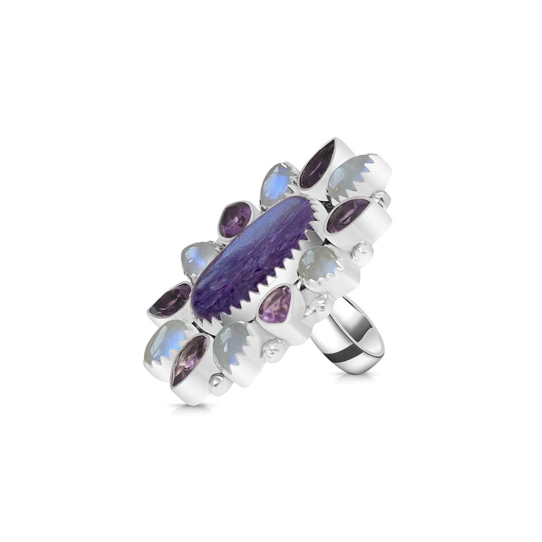 Charoite, Amethyst And Moonstone Flower Adjustable Ring-(CHR-FLR-1.)