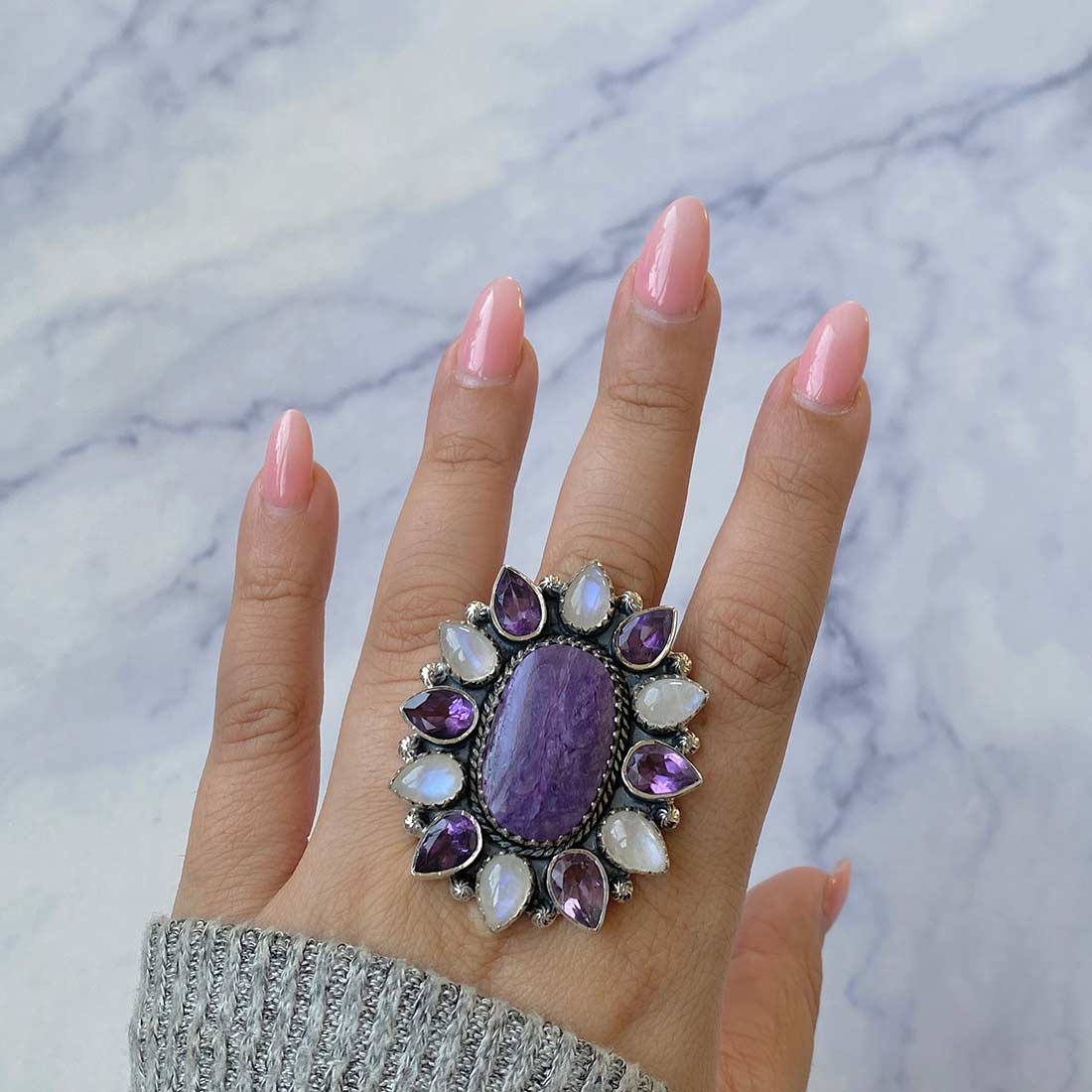 Charoite, Amethyst And Moonstone Flower Adjustable Ring-(CHR-FLR-1.)