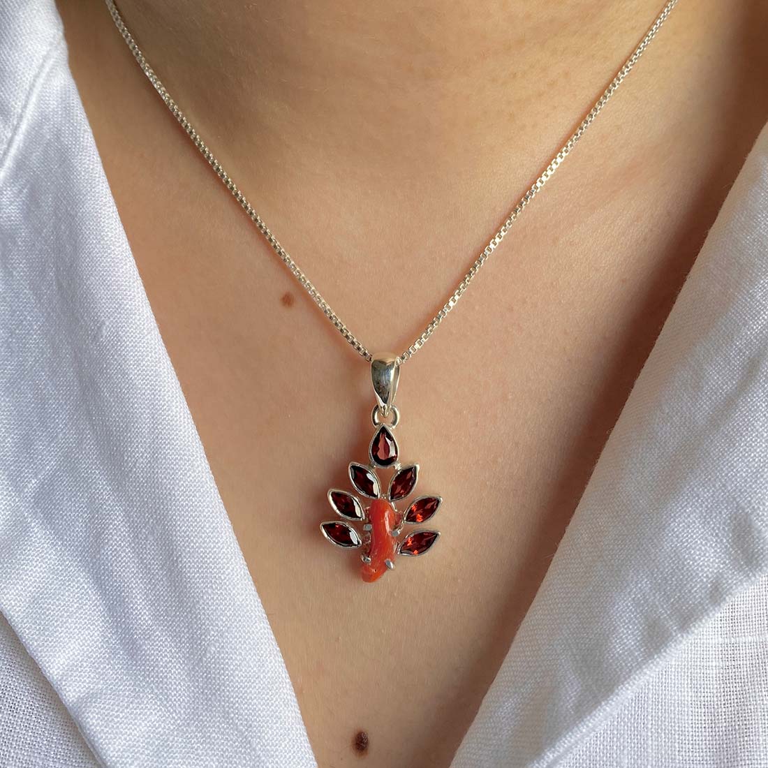 Red Coral & Garnet Pendant-(COR-P-13)