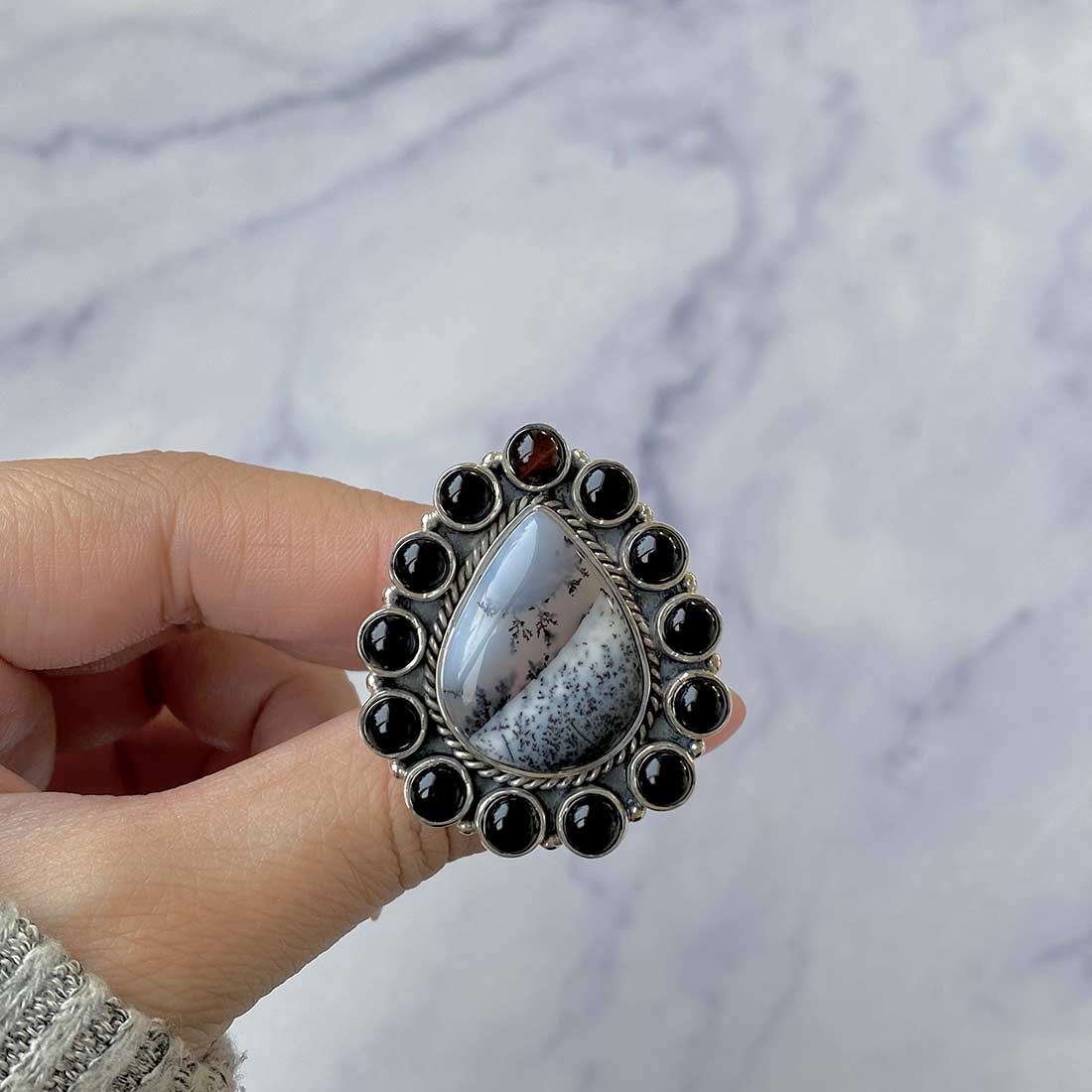 Dendritic Agate And Black Onyx Flower Adjustable Ring-(DDA-FLR-3.)