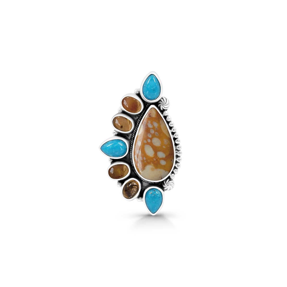 Deerfawn Jasper, Turquoise And Citrine Flower Adjustable Ring-(DFJ-CLS-4.)