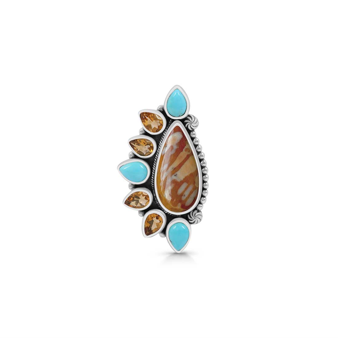 Deerfawn Jasper, Turquoise And Citrine Flower Adjustable Ring-(DFJ-CLS-6.)