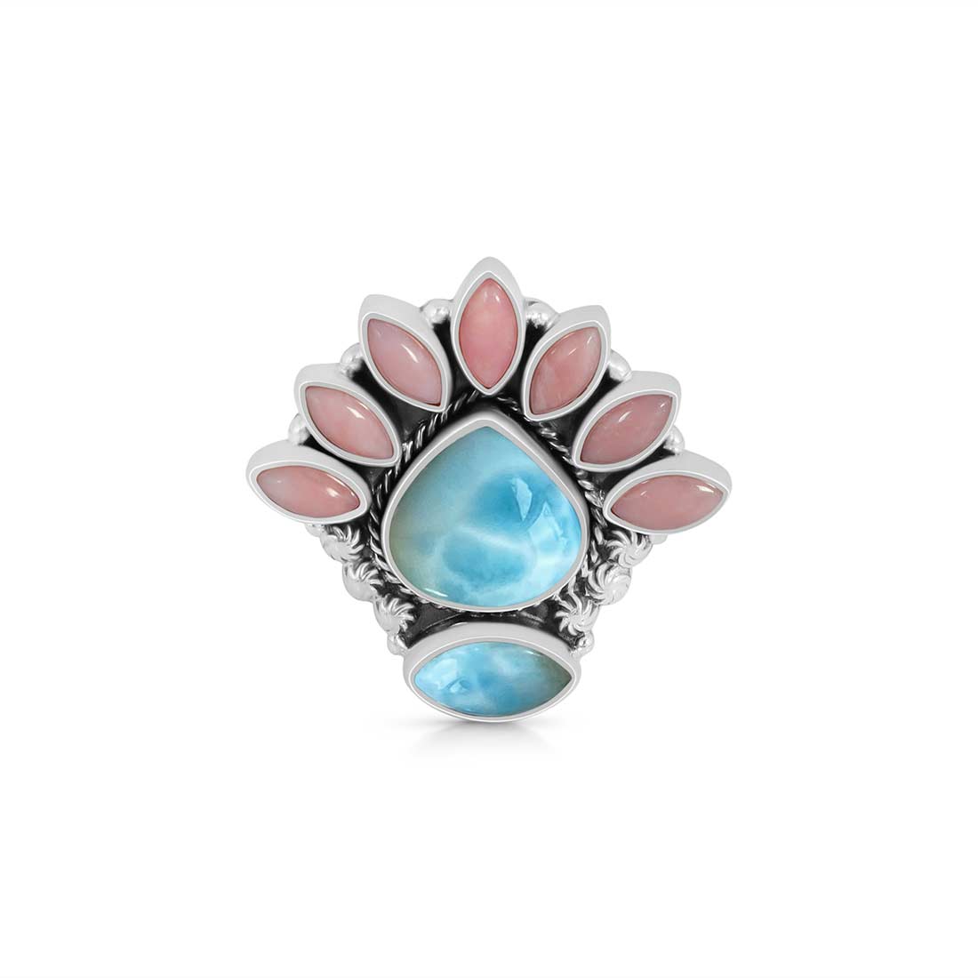 Larimar And Pink Opal Flower Statement Adjustable Ring-(LAR-CLS-4.)