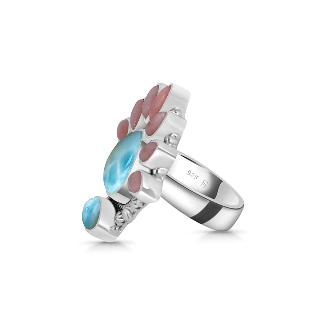 Larimar And Pink Opal Flower Statement Adjustable Ring-(LAR-CLS-4.)