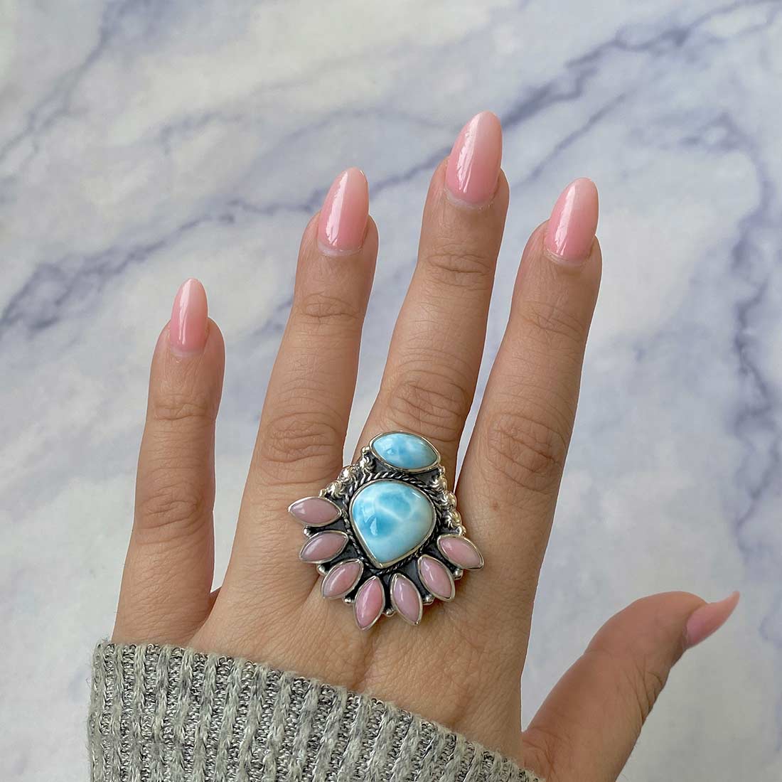 Larimar And Pink Opal Flower Statement Adjustable Ring-(LAR-CLS-4.)