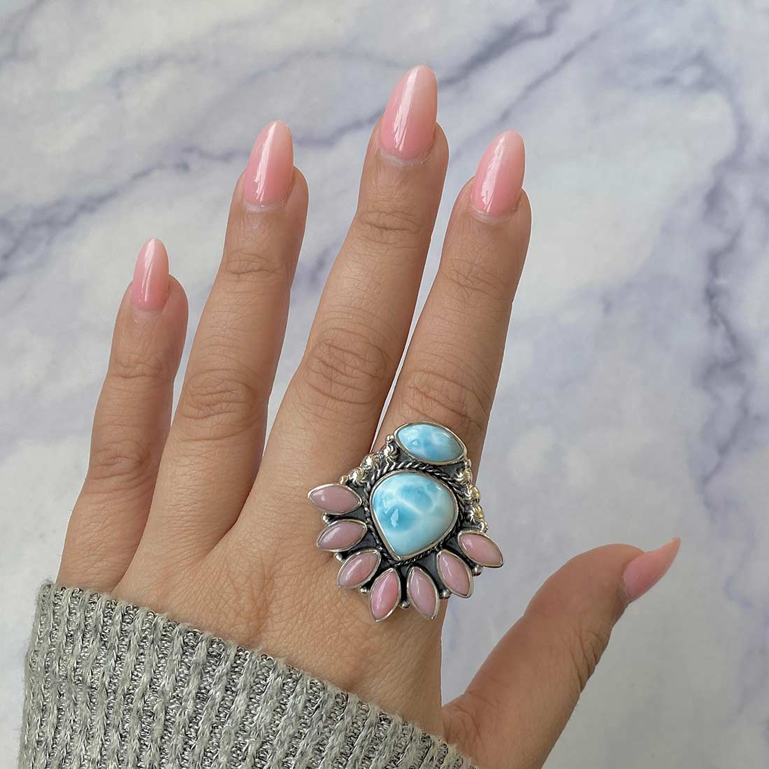 Larimar And Pink Opal Flower Statement Adjustable Ring-(LAR-CLS-4.)