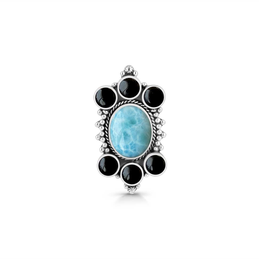 Larimar And Black Onyx Flower Statement Adjustable Ring-(LAR-CLS-6.)