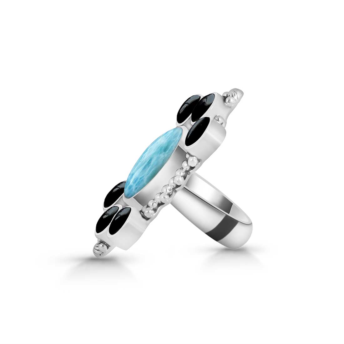 Larimar And Black Onyx Flower Statement Adjustable Ring-(LAR-CLS-6.)