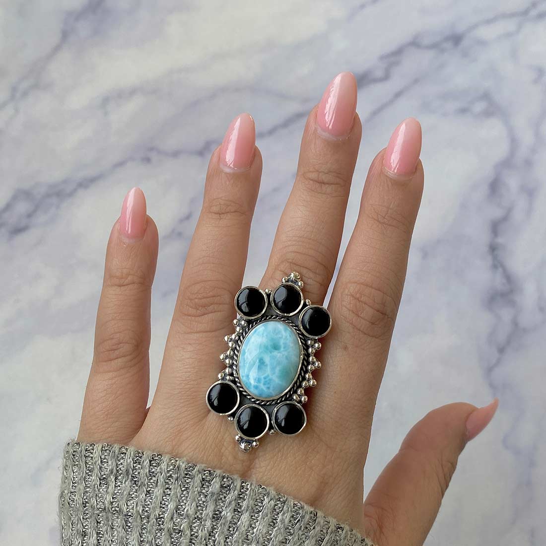 Larimar And Black Onyx Flower Statement Adjustable Ring-(LAR-CLS-6.)