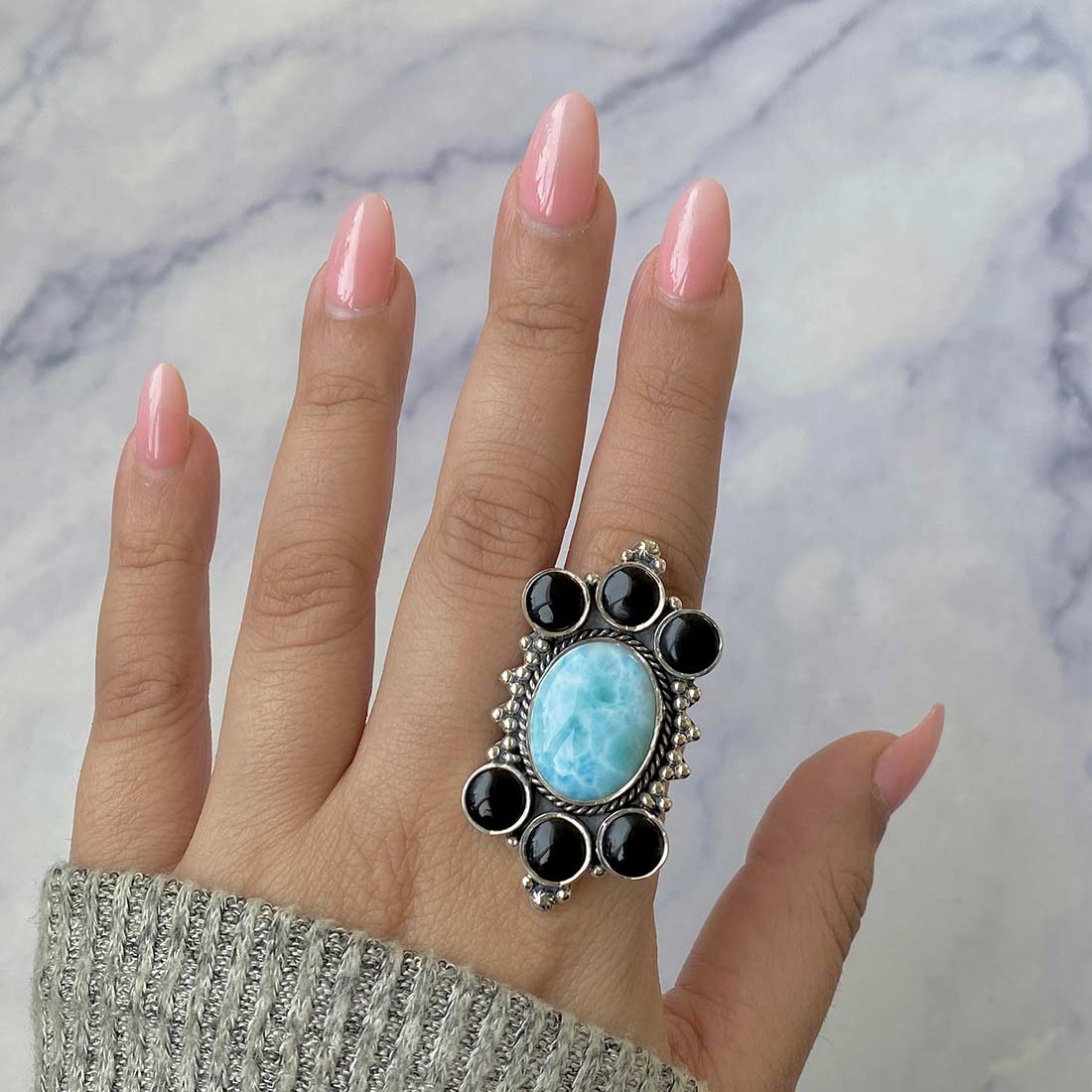 Larimar And Black Onyx Flower Statement Adjustable Ring-(LAR-CLS-6.)