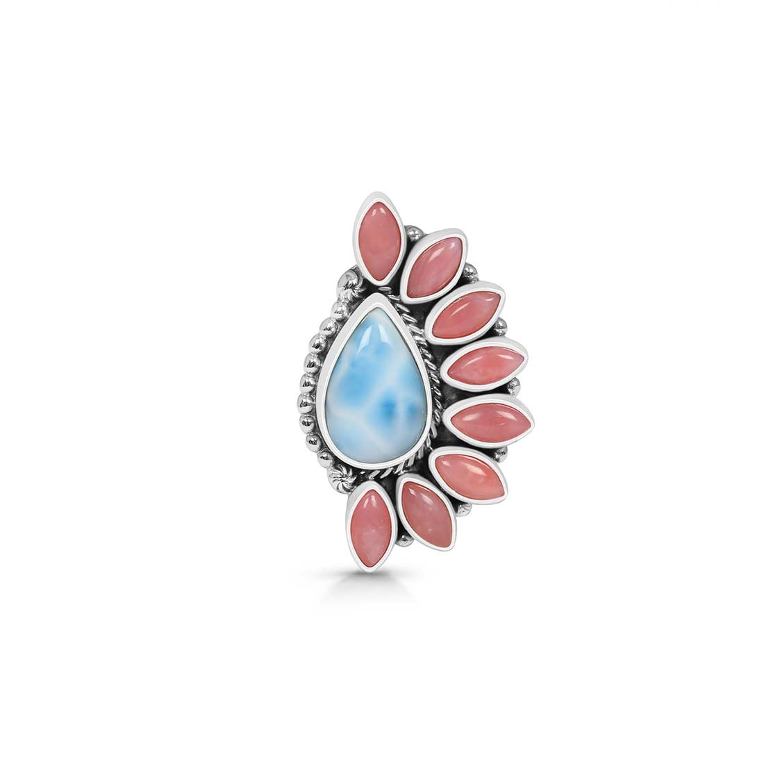 Larimar And Pink Opal Flower Statement Adjustable Ring-(LAR-CLS-14.)