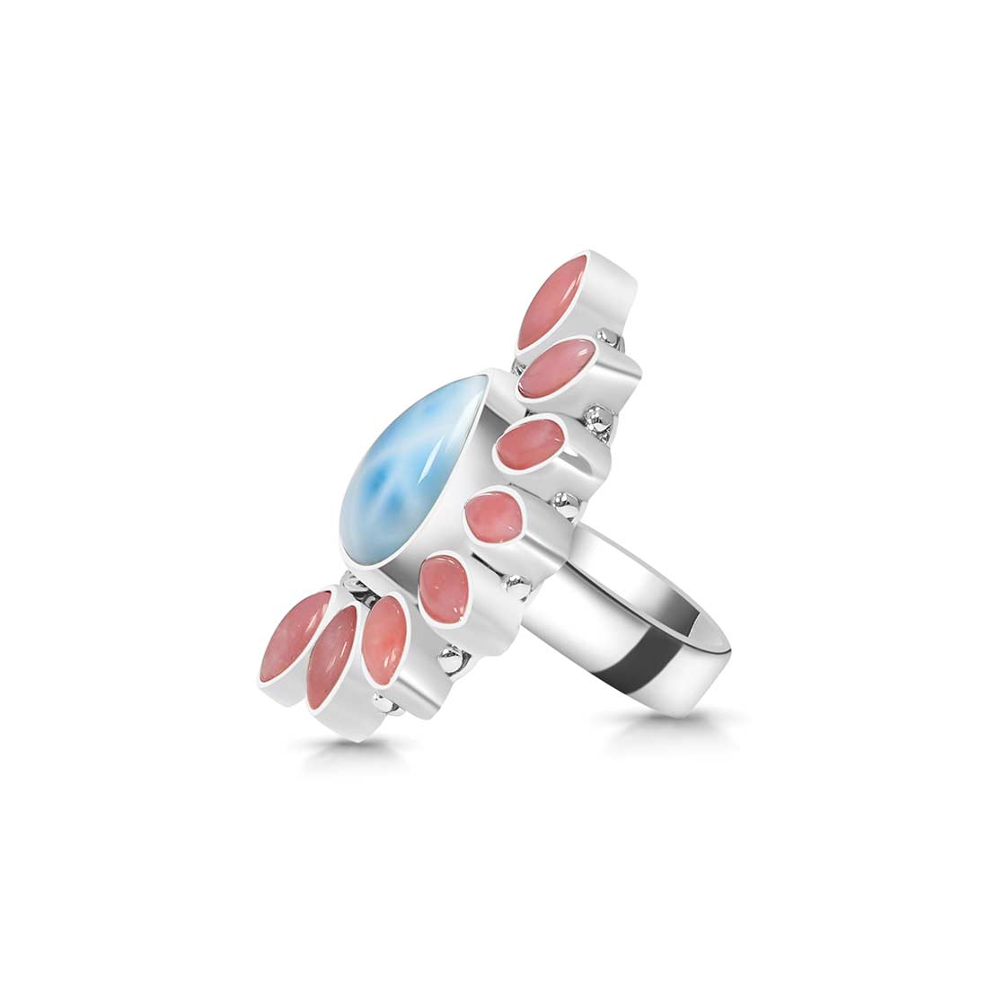 Larimar And Pink Opal Flower Statement Adjustable Ring-(LAR-CLS-14.)