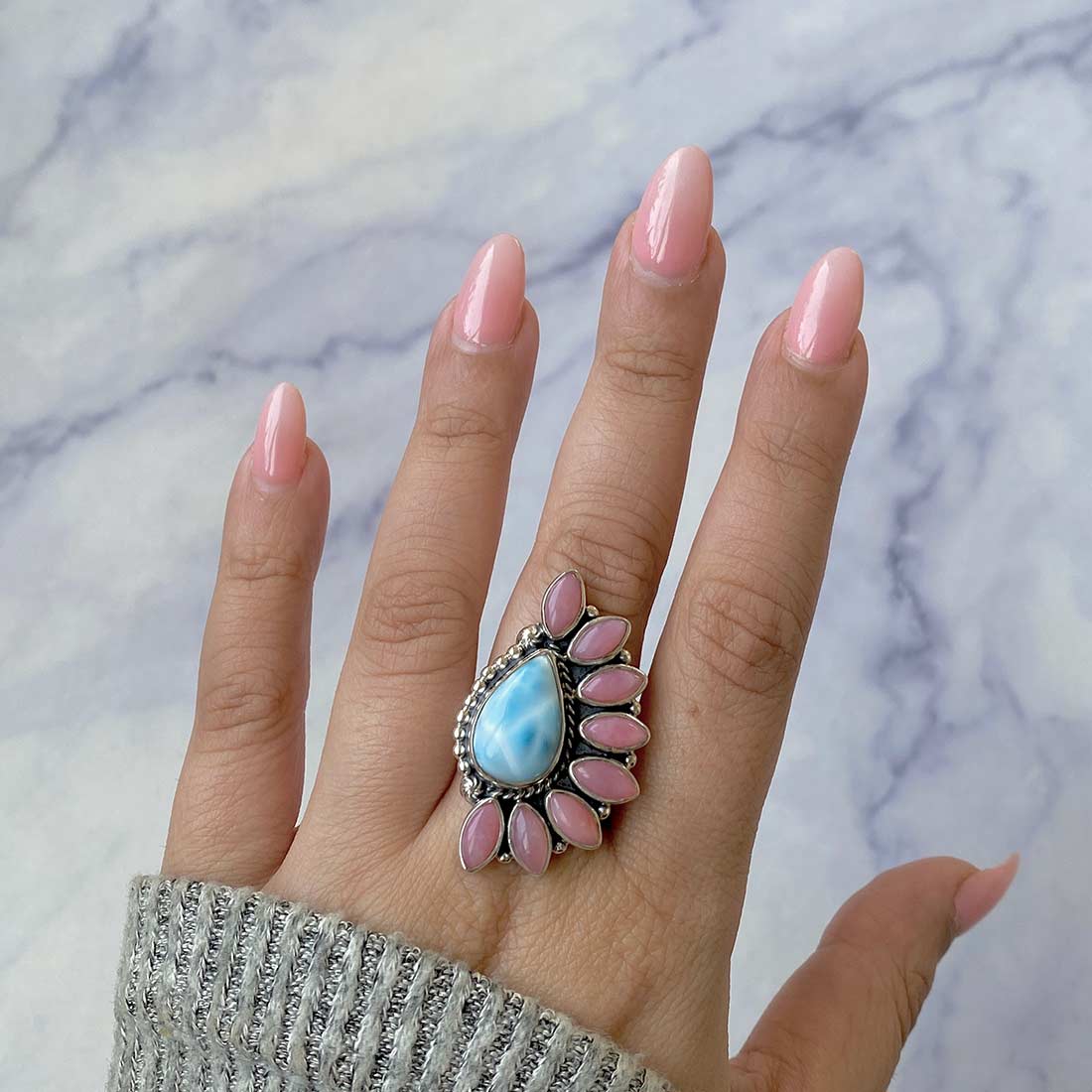 Larimar And Pink Opal Flower Statement Adjustable Ring-(LAR-CLS-14.)