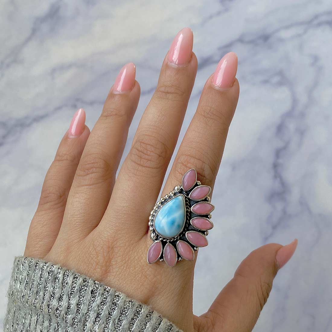 Larimar And Pink Opal Flower Statement Adjustable Ring-(LAR-CLS-14.)