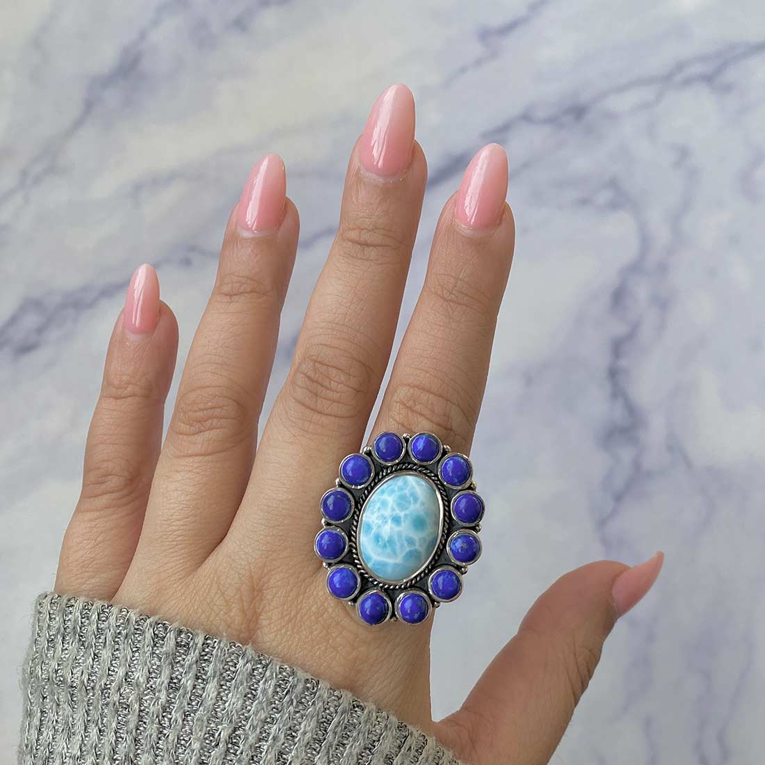 Larimar Lapis Lazuli Adjustable Ring-(LAR-FLR-18.)