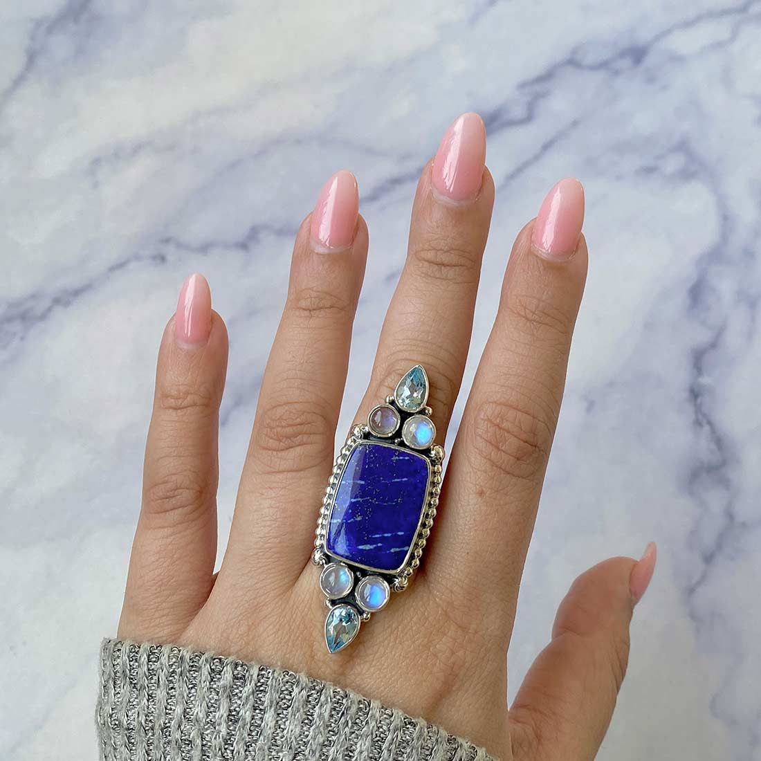 Lapis Lazuli, Blue Topaz And Moonstone Adjustable Ring-(LLP-CLS-5.)