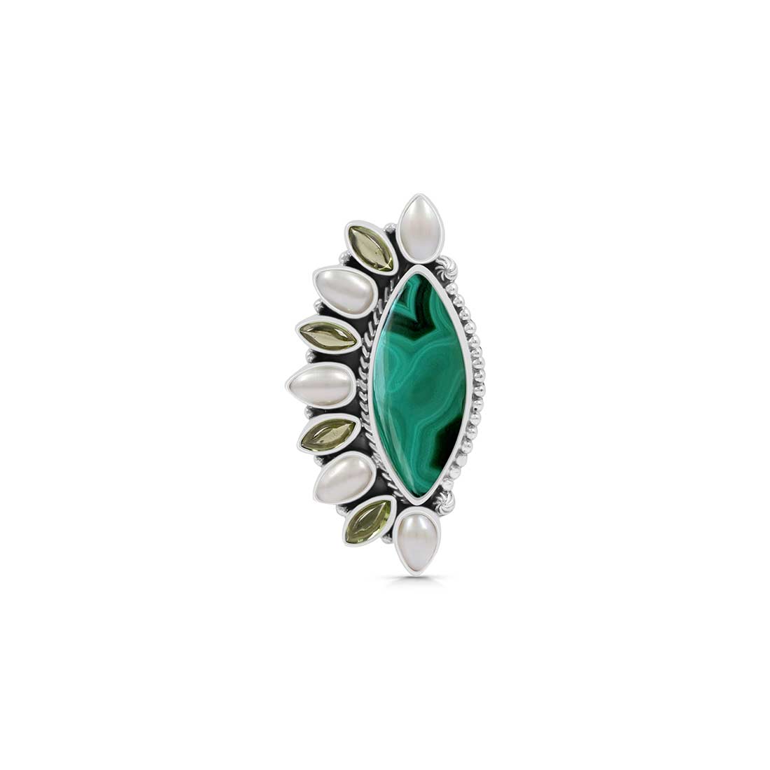 Malachite, Peridot And Pearl Flower Adjustable Ring-(MLC-CLS-5.)