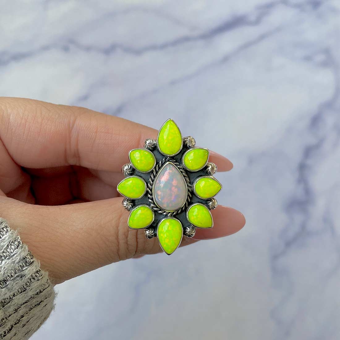 Neon Opal Flower Adjustable Ring-(NOP-FLR-15.)