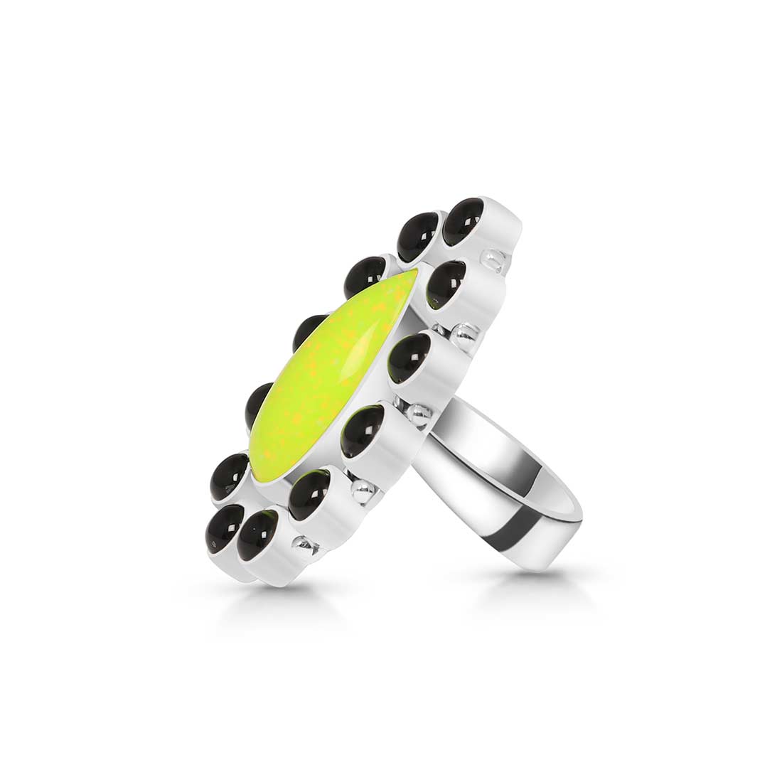 Neon Yellow Opal And Black Onyx Flower Adjustable Ring-(NOP-FLR-4.)