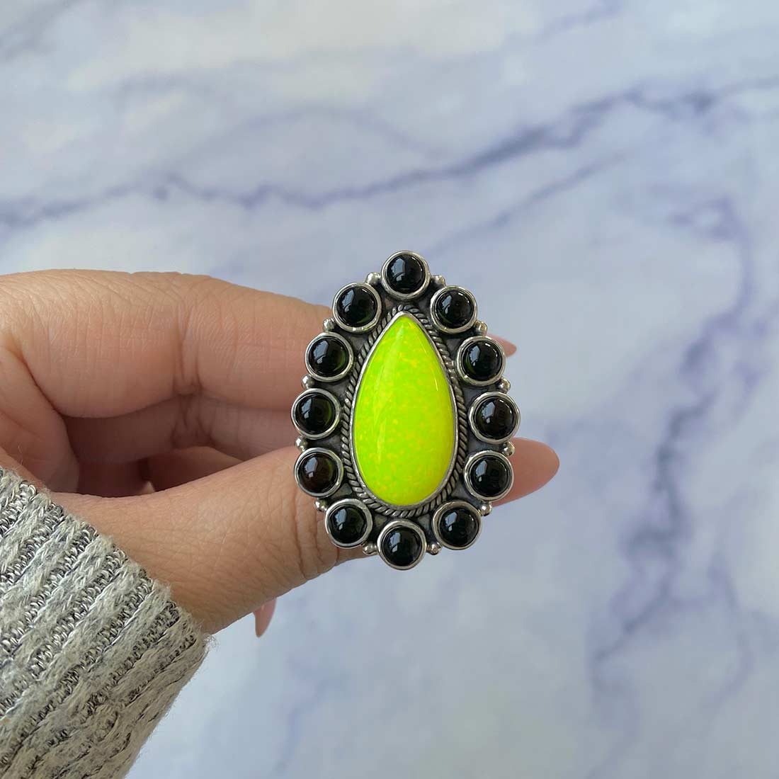 Neon Yellow Opal And Black Onyx Flower Adjustable Ring-(NOP-FLR-4.)