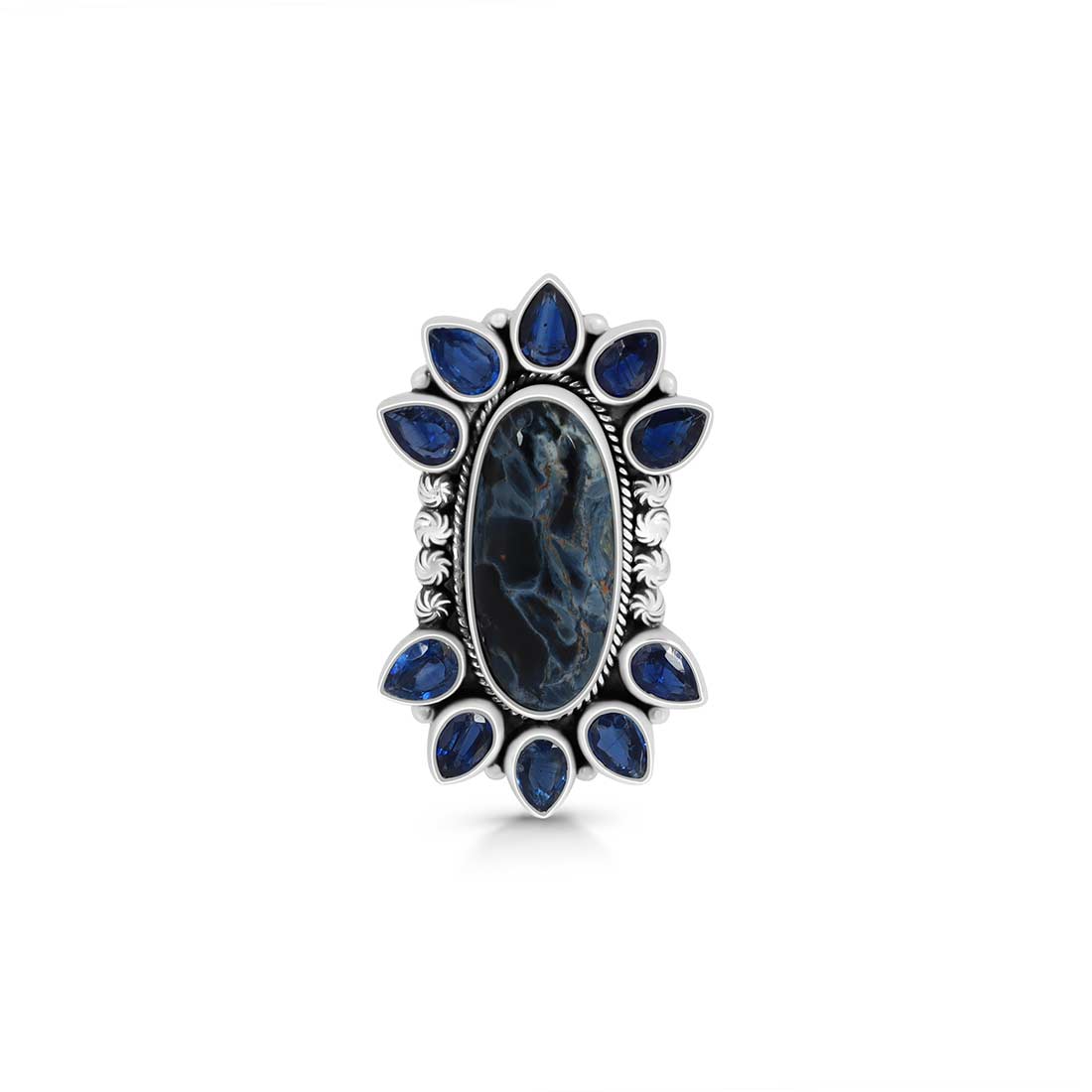 Pietersite And Kyanite Flower Statement Adjustable Ring-(PIT-CLS-5.)