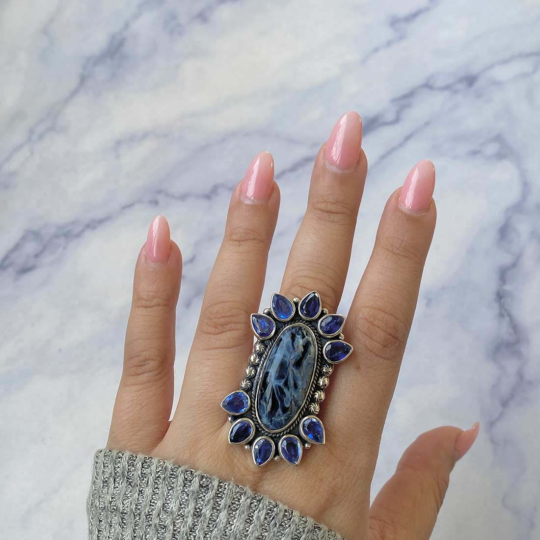 Pietersite And Kyanite Flower Statement Adjustable Ring-(PIT-CLS-5.)