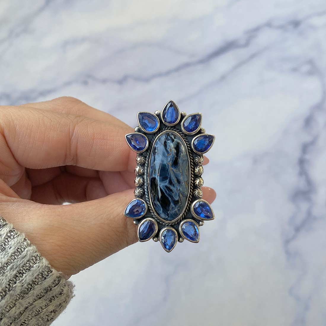 Pietersite And Kyanite Flower Statement Adjustable Ring-(PIT-CLS-5.)