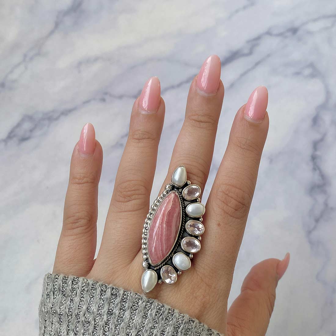 Rhodochrosite, Pearl And Rose Quartz Adjustable Ring-(RDC-CLS-2.)