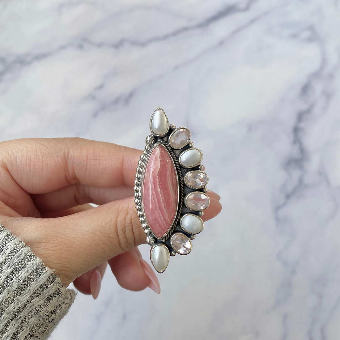 Rhodochrosite, Pearl And Rose Quartz Adjustable Ring-(RDC-CLS-2.)