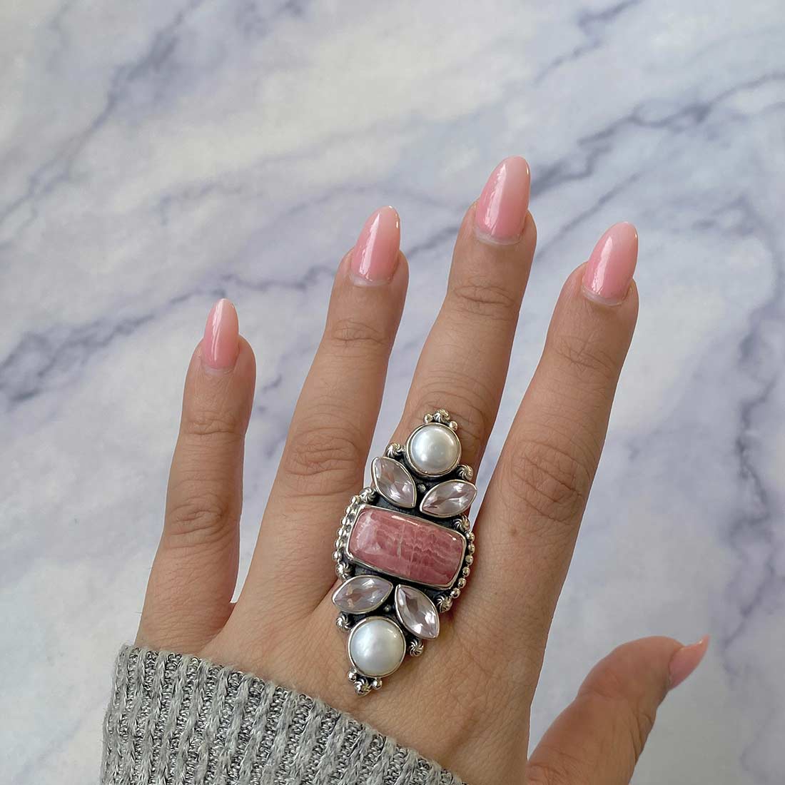 Rhodochrosite, Pearl And Rose Quartz Adjustable Ring-(RDC-CLS-3.)