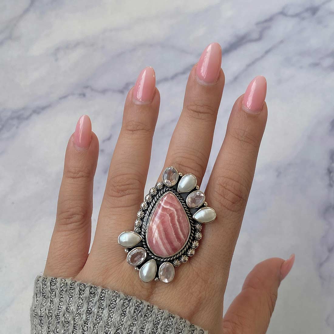 Rhodochrosite, Pearl And Rose Quartz Adjustable Ring-(RDC-CLS-5.)