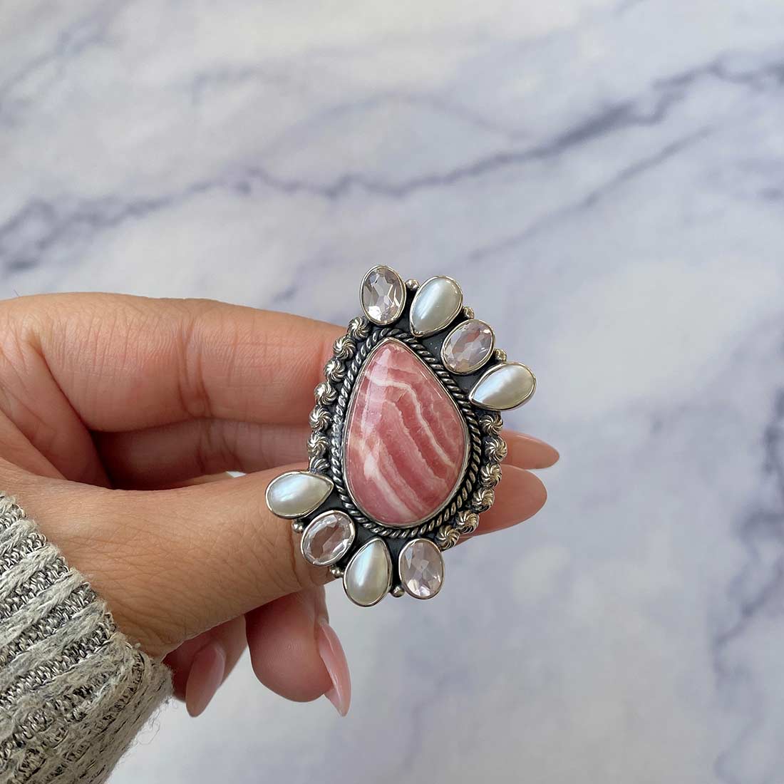 Rhodochrosite, Pearl And Rose Quartz Adjustable Ring-(RDC-CLS-5.)