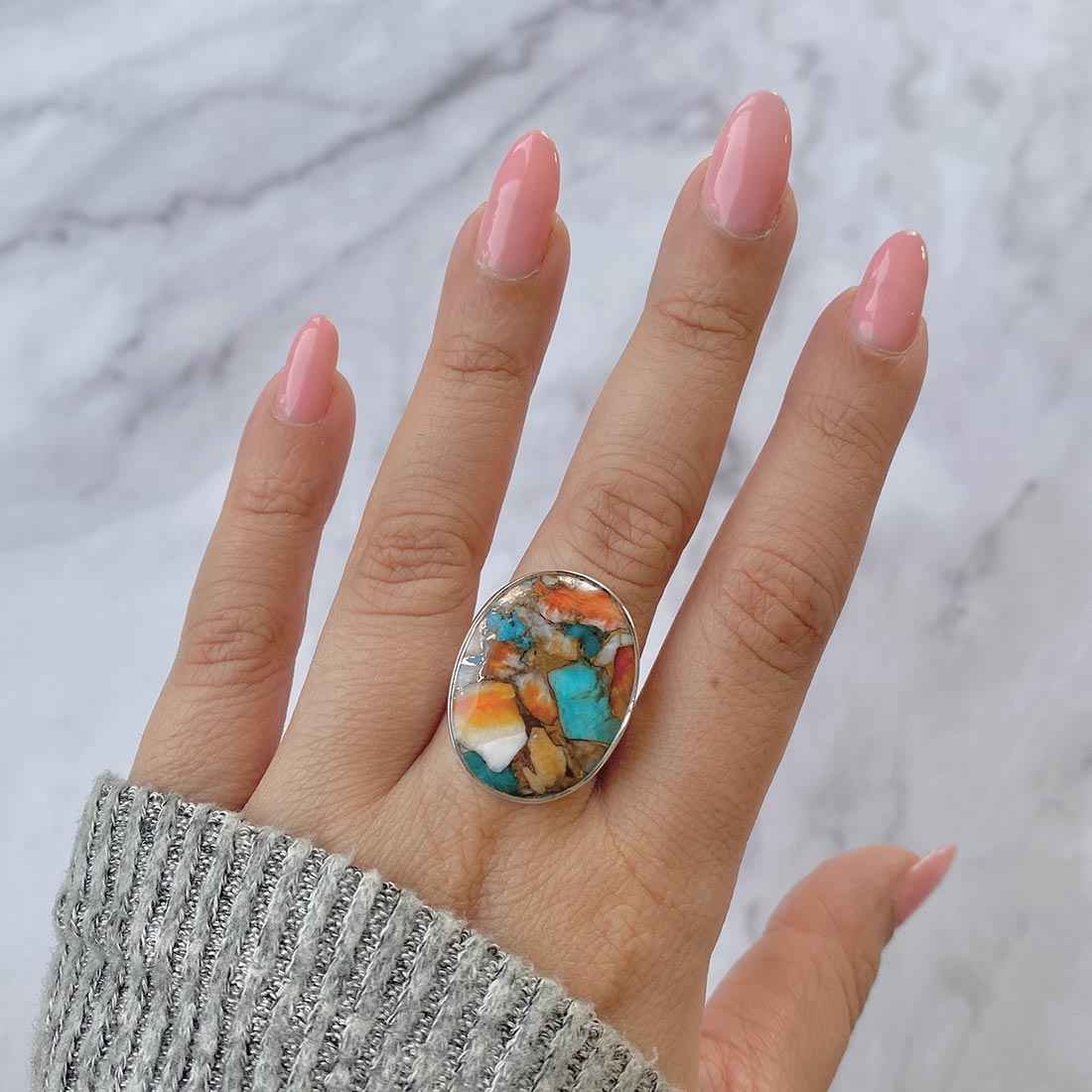 Spiny Oyster Turquoise Adjustable Ring-(TRO-R-15.)