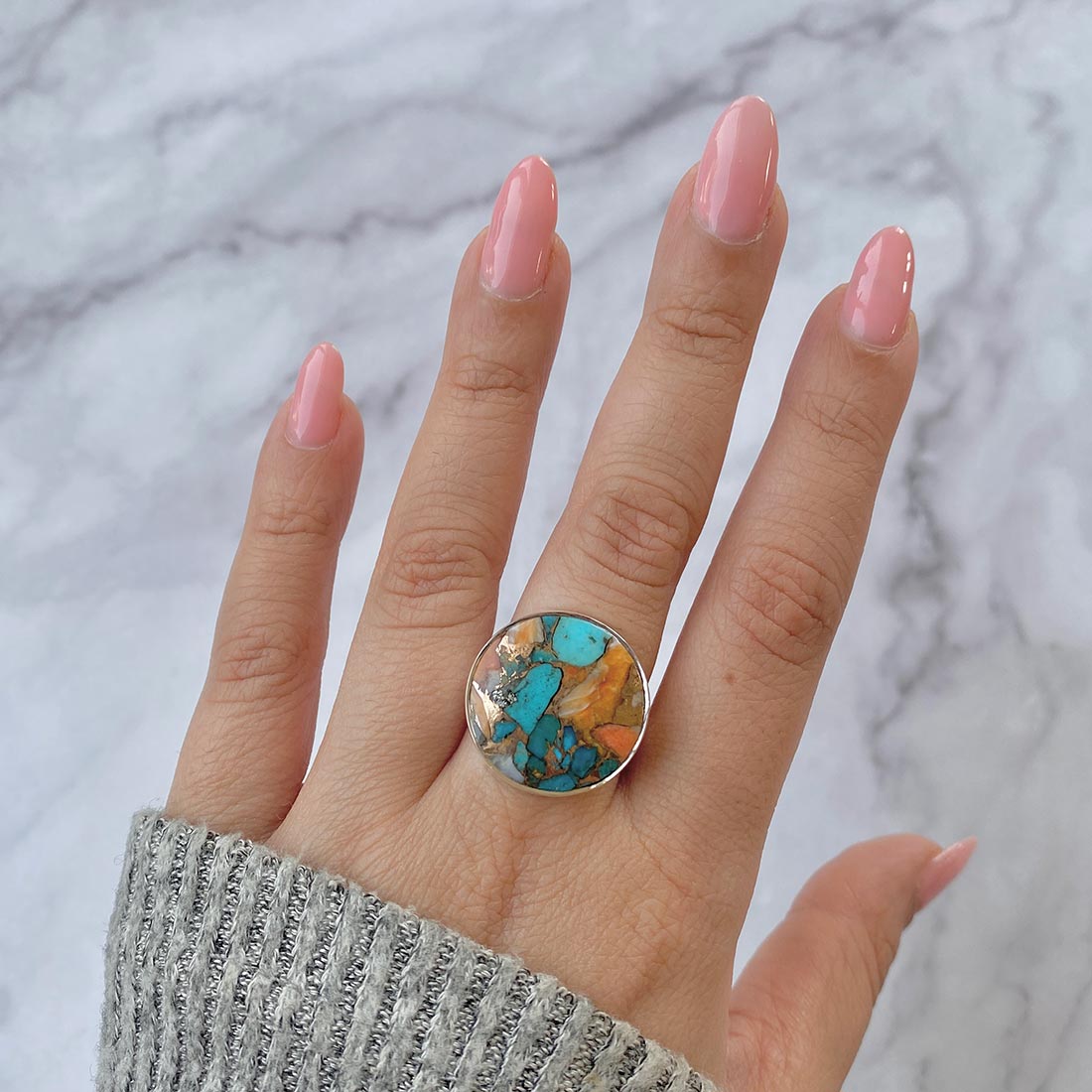 Spiny Oyster Turquoise Adjustable Ring-(TRO-R-16.)