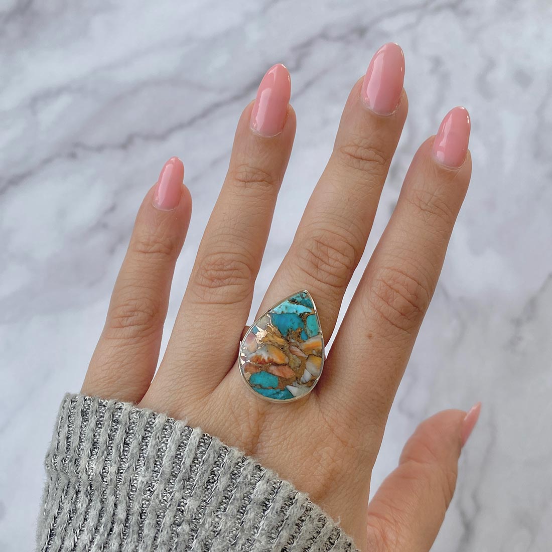 Spiny Oyster Turquoise Adjustable Ring-(TRO-R-19.)